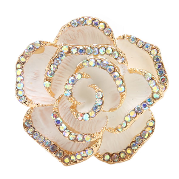 Vit blomma Brosch Pin Kvinnor Retro Elegant Utsökt Legering Strass kronblad Brosch för bröllopsbankett