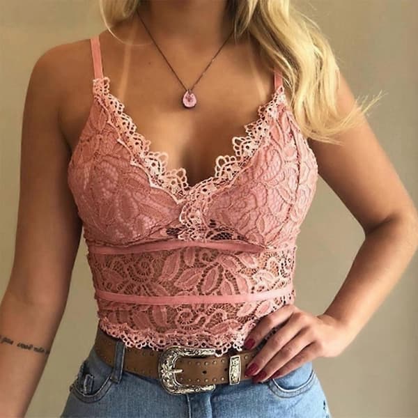 Kvinner dyp V-hals camisole ermeløse stropper slanke crop topper blondekant vest White L