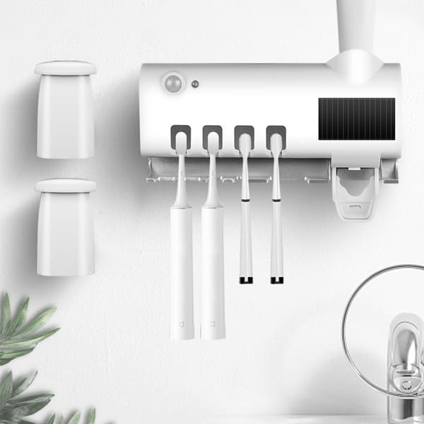 Toothbrush Holder Cleaner Wall Mounted Smart Safe UV Toothbrush Rack with Toothpaste Dispenser for Bathroom White