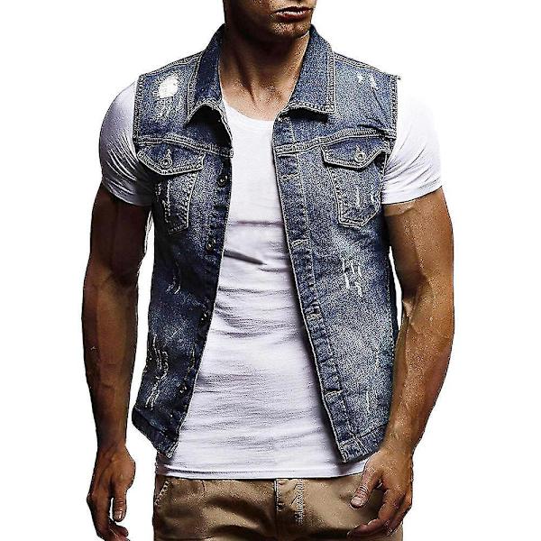 Herr Slim Fit Mörkblå Denim Väst, Ärmlös Kavajstil, XL