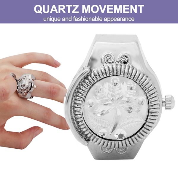 Finger Ring Watch Flip Up Cover Rund Rose Flower Women Finger Quartz Watch (Vit)