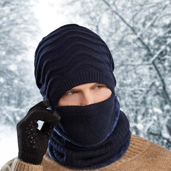 Mænds tyk varm beanie hat tørklæde maskesæt udendørs cykling plys tyk strikket ansigtshalsbeskyttelse Ski-kraniekasket Azul marino ONE SIZE