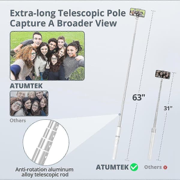 ATUMTEK Selfie-stativ, 161 cm bærbart smarttelefonstativ med Bluetooth-fjernkontroll