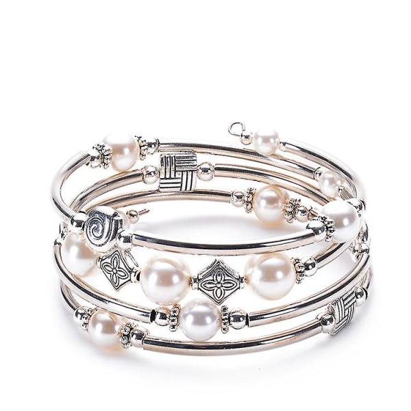 Beaded Chakra Bangle turkis armbånd - Mote smykker wrap armbånd med tykt sølv metall og mala perler Pearl