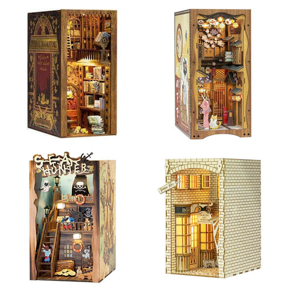 DIY Kirjakulmasetti 3D Puinen Kirjanmalli Puzzle Rakennussarja Kirjahyllyn Insert Deko Kotipöytä Koriste