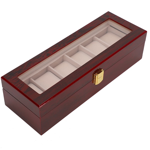 Trä 6 Grid Watch Display Box Transparent fönster Watch förvaringsbox (röd)
