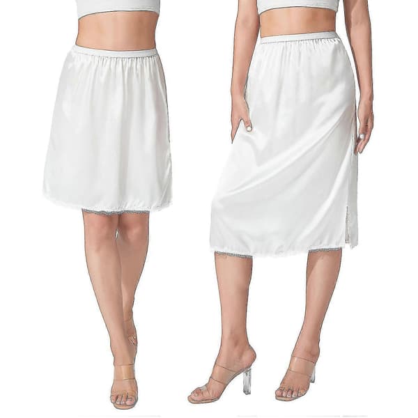 Damunderkjol med elastisk midja: Enfärgad satinunderkjol med spetskant för underklänning white short XL