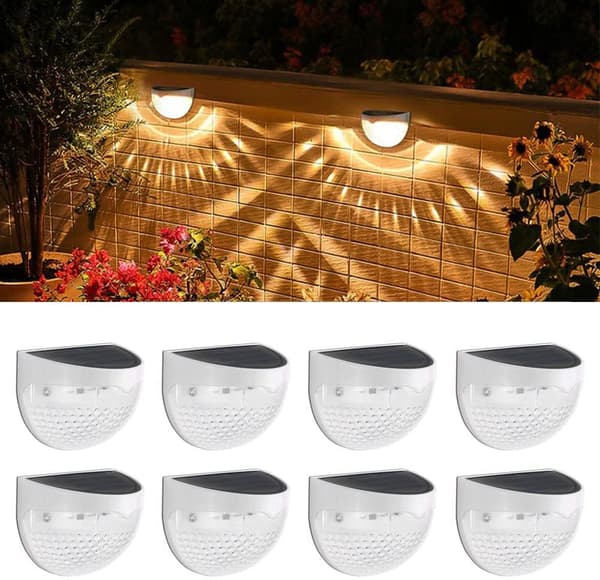 8-pakning solcelle gjerdelamper, trådløse solcelle gjerdelamper, kompatible med hage, utendørs dekorasjon (varmhvit)