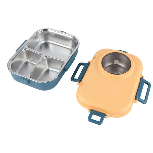 Termisk Matboks 1100ml Dobbeltlags 3 Rutenett Design 304 Rustfritt Stål Bentoboks med Pinner Sked Suppebolle Blå Gul