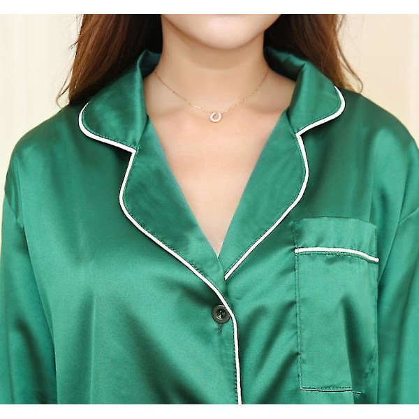 Dam Grön Silke Satin Långärmad Pyjamas Set - Storlek M