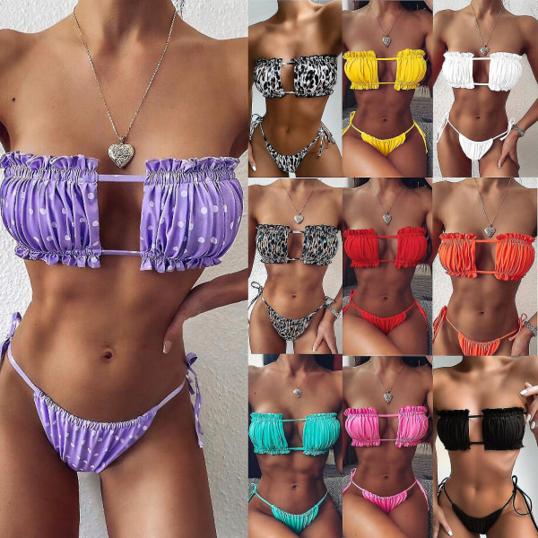 Sexig Bikini Plisserad Bandeau Baddräkt Dam Badkläder Kvinnor Mini Thong Bikini Set Simning Strandkläder Purple L