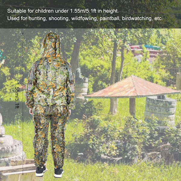 Barn förklädnadsdräkt Leaf Camouflage Military Jacka Byxor Set för jakt Fågelskådning Grön Höjd Under 1,55 m