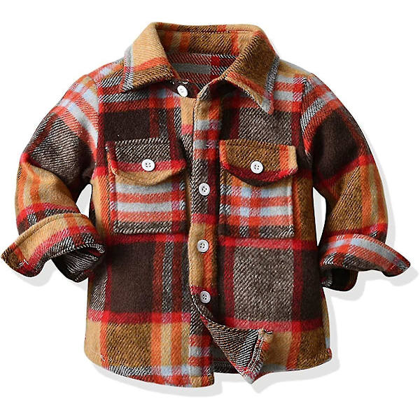 Flannel Plaid Skjortejakke til småbørn, drenge og piger, Langærmet Lapel Knappet Jakke, Efterår Vinter Yderbeklædning (5-6 år, Orange)