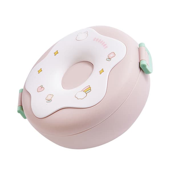 Bento Bowl Donut Shape Heatable with Lid Fork Spoon Plastic Lunch Container for Office School Pink