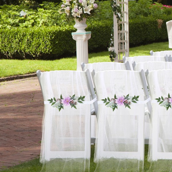 6 stk Bryllupsstoldekorationer Elegante Kunstige Blomster Grønne Chiffonbånd Bryllupsstol Blomst