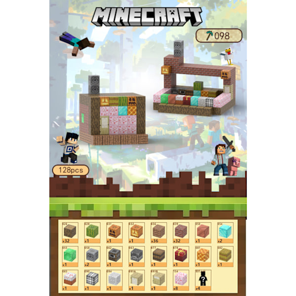 Minecraft Byggeklodser, Magnetiske Byggeklodser Legetøj - Bageri 128 Klodser, 4 Figurer