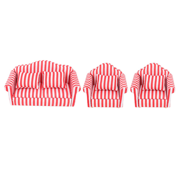 3 stk Dukkehussofa Sett Furutrekk Dobbelsofa 2 Enkelsofa Lys Farge Stripe Miniatyr Sofa for 1:12 Dukkehjem Rød