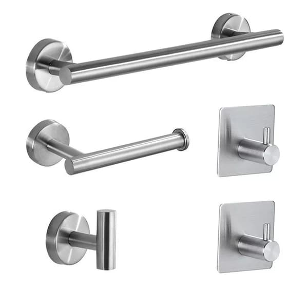 5 Pieces Bathroom Hardware Accessory Set Towel Rack Paper Holder Hook Self-Adhesive Hook Multifunction Bathroom Set Silver