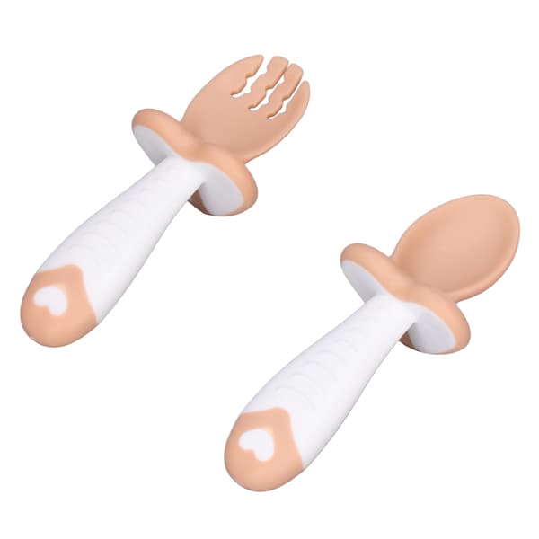 Baby Fork Spoon Set Soft PP Short Handles Eating Training Toddler Feeding Utensils Dinnerware Set Brown