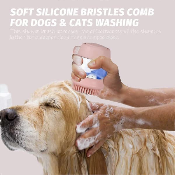 Multifunktionel kæledyrsbadebørste til hunde- og kattevask, beroligende massage, blødt hår, silikonekam med shampoo pink