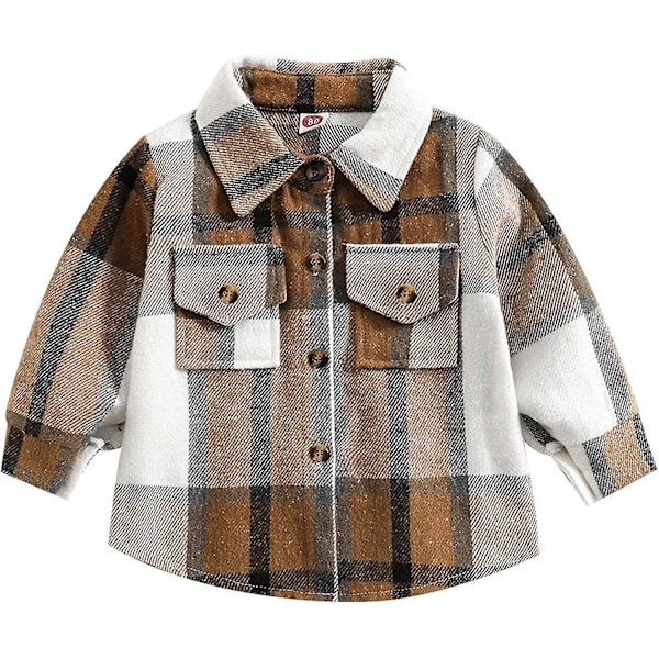 Flanellskjortejakke for småbarn, gutter og jenter | Langærmet jakke med revers og knapper | Varm jakke for høst og vinter | 7-8 år | Khaki