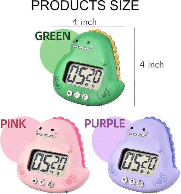 Sød dinosaur-timer Kompatibel med børn, digital køkkentimer med stor 2,4-tommer LCD-skærm Green