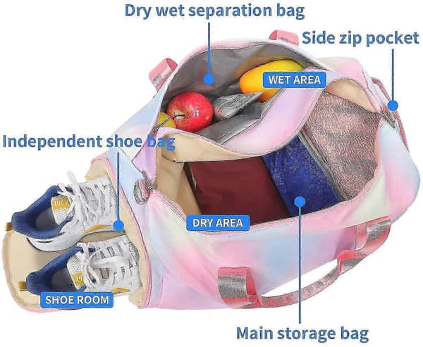 Duffelbag for jenter, weekendbag, dansebag med sko, våtlomme