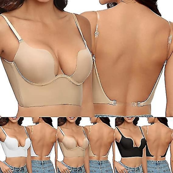 Deep U-plunge Push-up BH med klare stropper - Hudfarge - Størrelse 75A