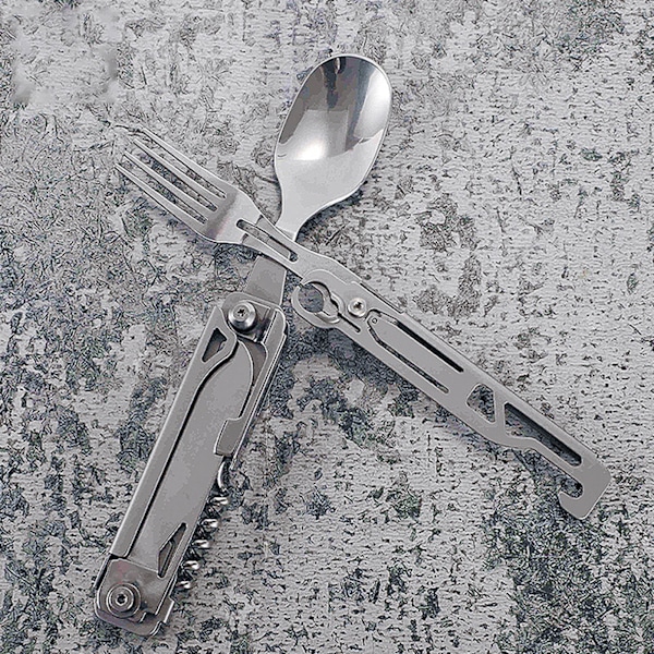 Kniv, Ske, Gaffel og Flaskeåbner Combo Rustfrit Stål Let at Rengøre Foldbar Campingudstyr