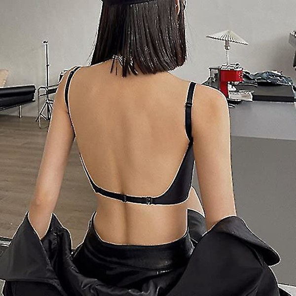 Deep U Plunge Polstret Push Up BH med Klar Stropper - Sort 70C