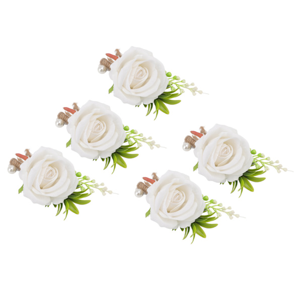 5 stk Bryllup Boutonniere Pin Fast Plast Kunstig Blomsterkorsasje for Brud og Brudgom Hvit