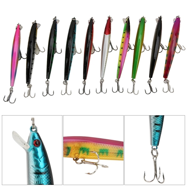 10 stk Hard Bait Lokker Slitesterk Plast med Kroker Fiskeutstyr Tilbehør 8.5g 9.5cm
