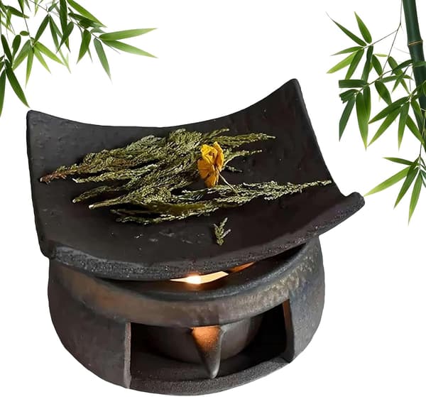 Cedar Zen Røkelsesbrenner og Keramisk Tevarmer Sett - Håndlaget Aromaterapi Oljediffuser, Multifunksjonelt Grytevarmer Kit