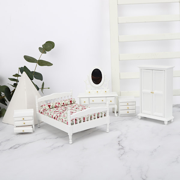 5 stk 1/12 Dukkeskabs Miniatyr Møbler Træ Mini Soveværelses Sæt Tilbehør Soveværelsesmøbelsæt