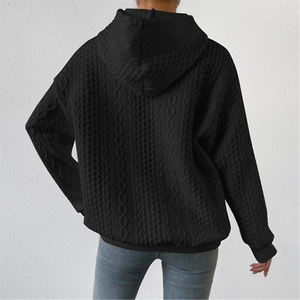 Trendy Dame Kabelstrik Hættetrøjer Sweater Casual Løs Langærmet Hættetrøje Sweatshirt Toppe Pullover black M