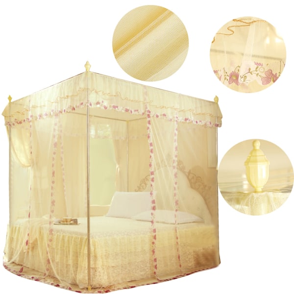 Luksus Prinsessa 3 Sivuaukkoa Tolppavuode Verho Baldakiini Mosquito Net Sängi Verhot (Keltainen S)