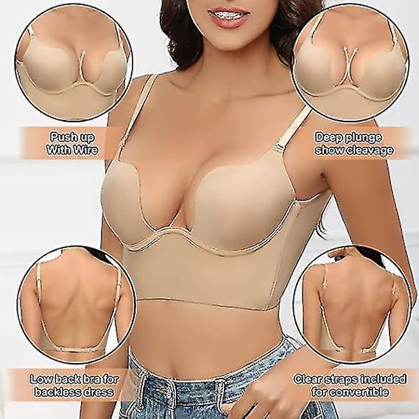 Deep U-Udsnit Push-Up BH med Klar Rygstropper - Hudfarvet 80C