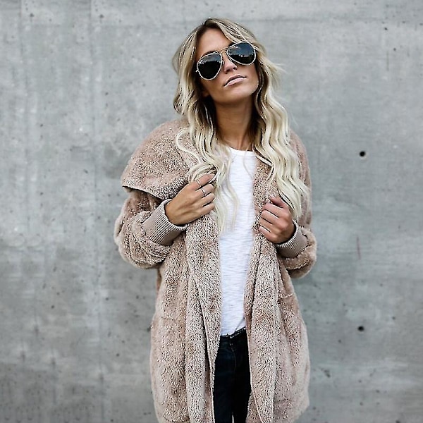 Fluffy Fleece Teddy Bear Hættejakke til Kvinder - Khaki 2XL