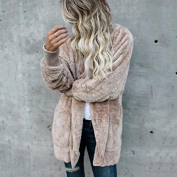 Fluffy Fleece Teddy Bear Hættejakke til Kvinder - Khaki, Størrelse M