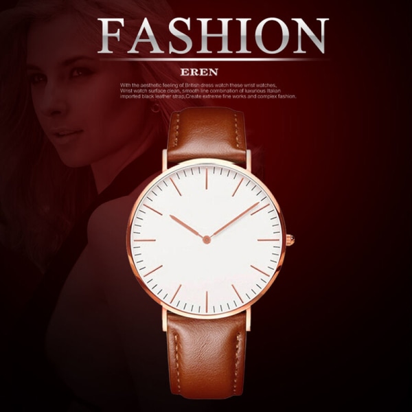 Fashionabla ultratunn watch för män och kvinnor, enkel watch med läderband, brun