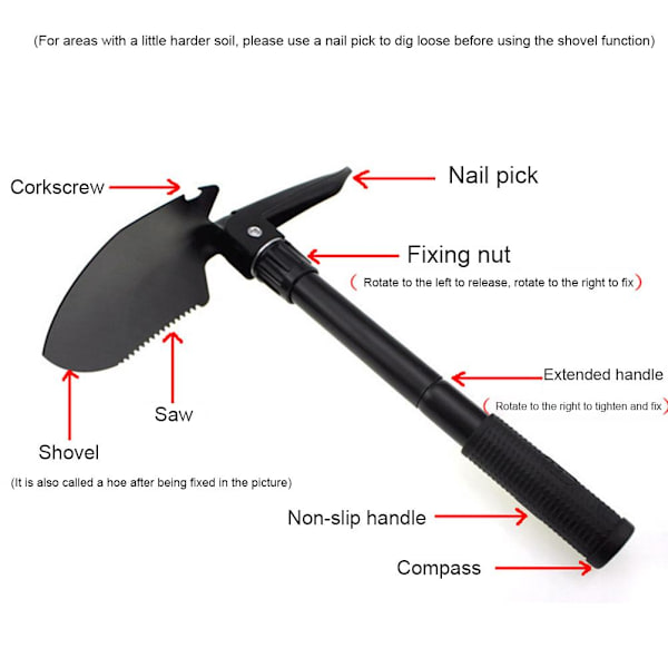 Utomhusvikbar spade Multifunktionell campingspade i kolstål Fällbar spade Camping med förvaringsväska Barnspade för överlevnadsaktiviteter