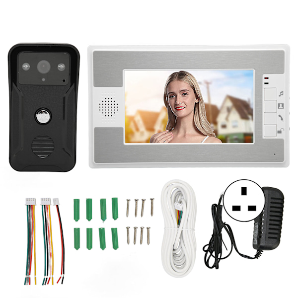Videodørtelefon Dørklokke 7-tommer farve TFT LCD Nattesyn Video Intercom Monitor til Hjemmesikkerhed 100‑240V UK-stik