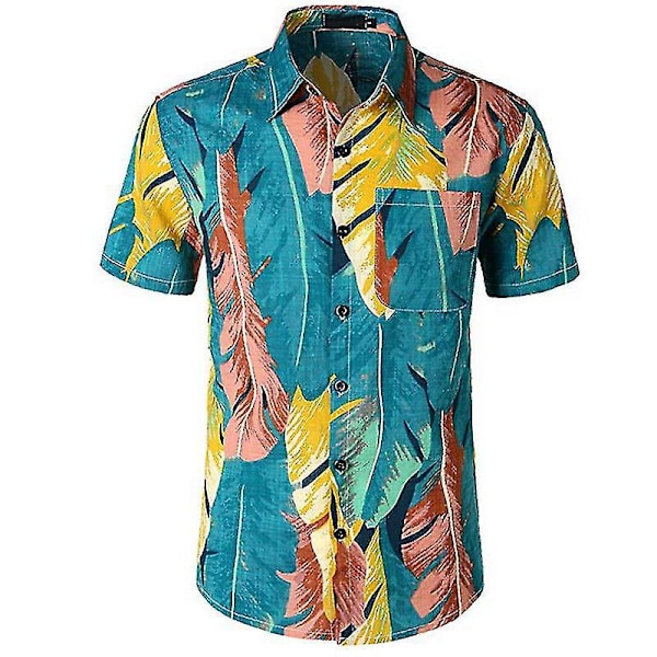 Blå bladmönstrad slim fit hawaiiskjorta för män - perfekt för strandfester och sommaraktiviteter