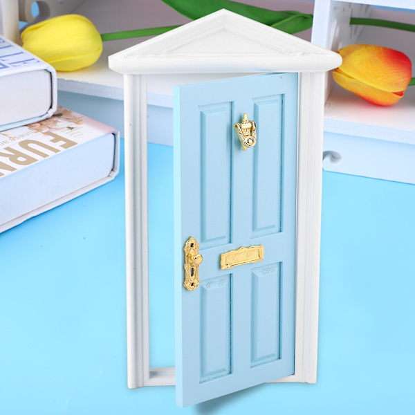 1:12 Dukkehust miniatyr trædør Børn sjov legetøjspresente dekoration (blå)