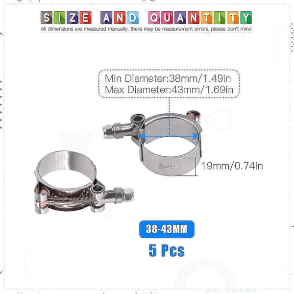 Sæt med 5 bløde kabelklemmer i rustfrit stål, slangeklemmer i rustfrit stål med T-bolt 38-43MM