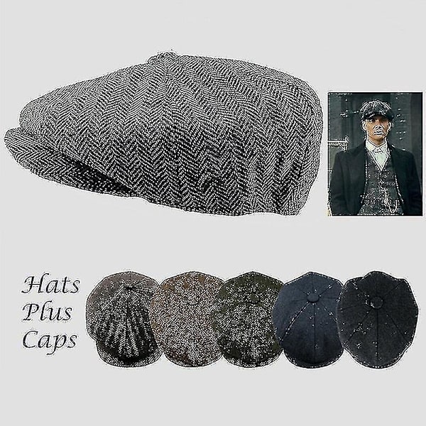 Herrar Newsboy Cap Ullbland Herringbone Tweed Vinterhatt - Mörkgrå