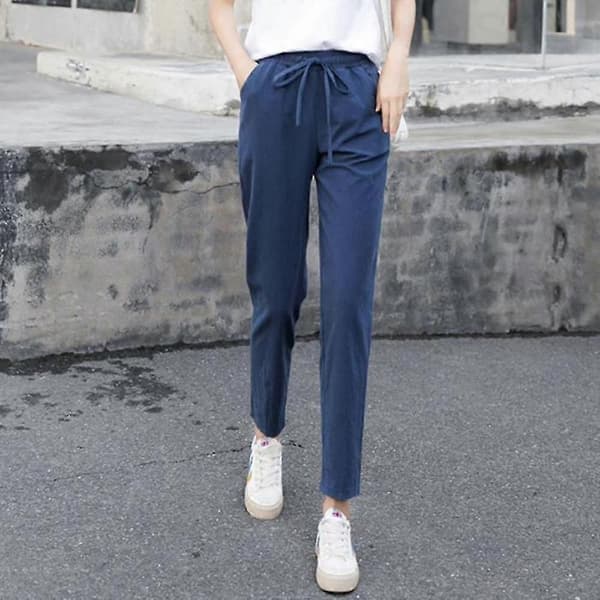 Dam Enfärgade Elastiska Midjor Ankellånga Byxor Vår Sommar Ren Bomull Pocket Dambyxor blue M