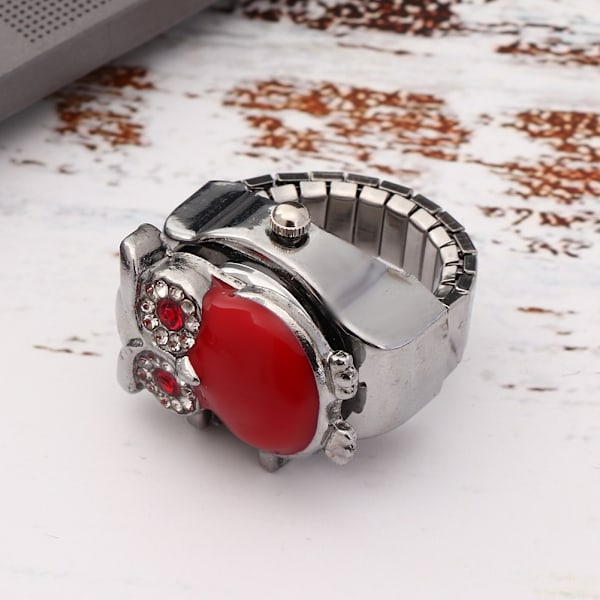 Finger Ring Ur Flip Up Cover Vintage Ugle Mønster Unixes Finger Kvarts Ur (Rød)