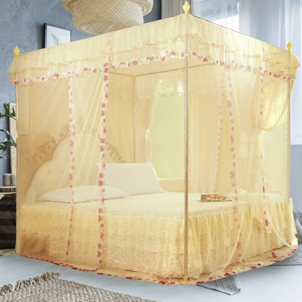 Luksus Prinsessa 3 Sivuaukkoa Tolppavuode Verho Baldakiini Mosquito Net Sängi Verhot (Keltainen S)