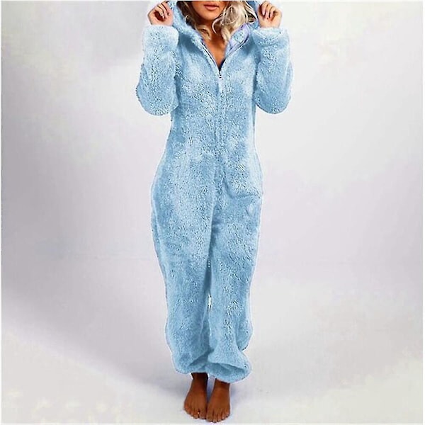 Vinter Varma Dam Fleece Jumpsuit Pyjamas | Solid Färg Dragkedja Huva En-delad Sovkläder | XXXXL Himmel Blå